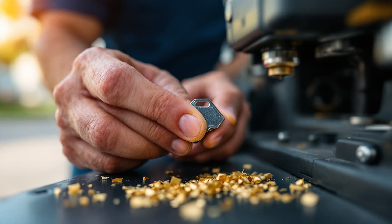 Mobile locksmith cutting a basic mechanical car key on a truck-mounted machine in a Fort Worth parking lot