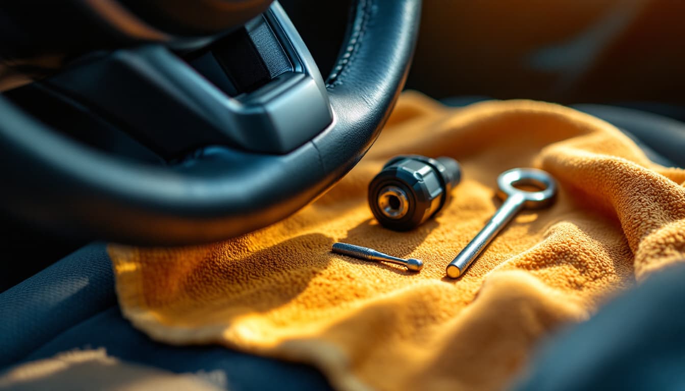 Close view of a locksmith servicing an ignition lock cylinder inside a small SUV steering column in Fort Worth