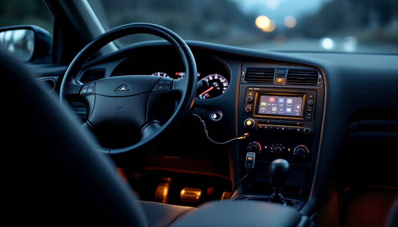 A steering column and dashboard of a luxury crossover with a diagnostic tool connected under the dash