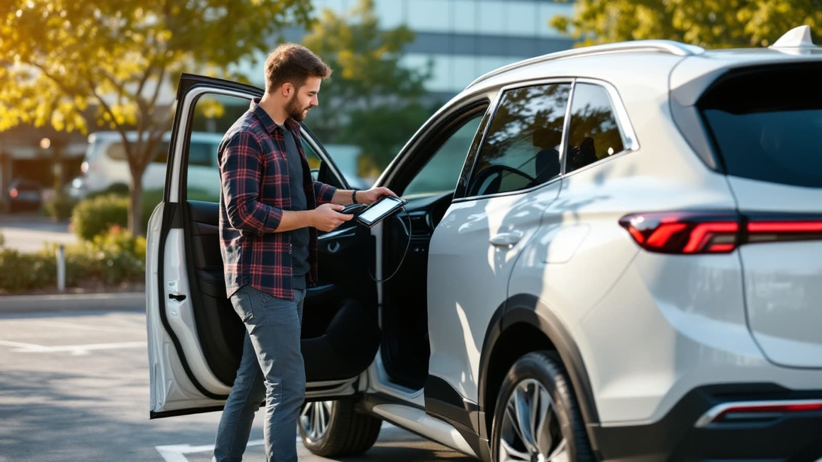 Technician programming a luxury crossover smart key with a diagnostic tool at a Fort Worth office parking lot
