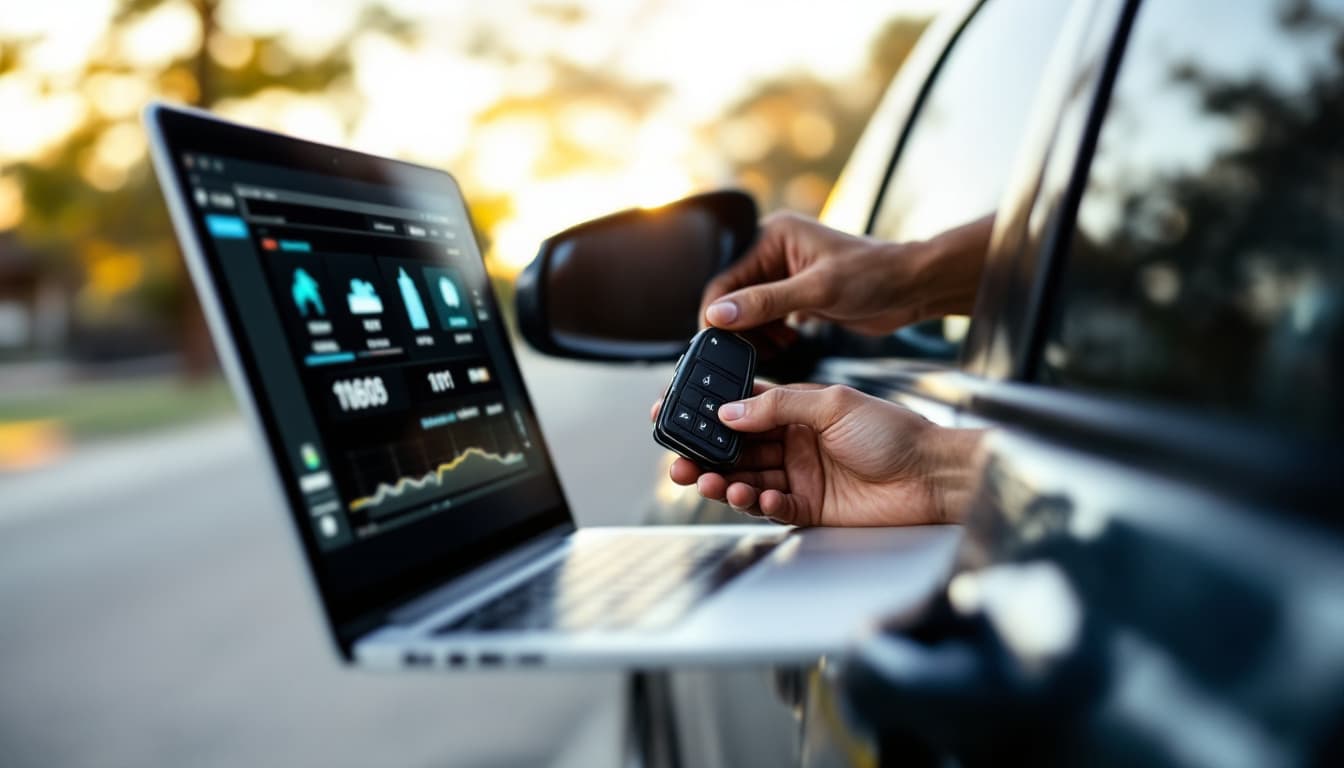 A mobile locksmith programming a replacement key fob at a laptop beside a parked sedan in Fort Worth