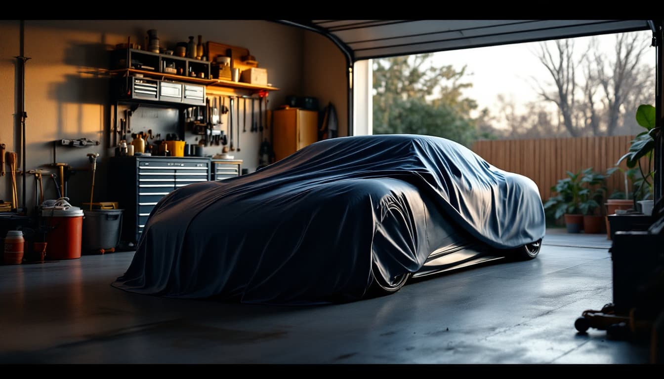 A low sports coupe parked in a clean home garage with the door open to evening light