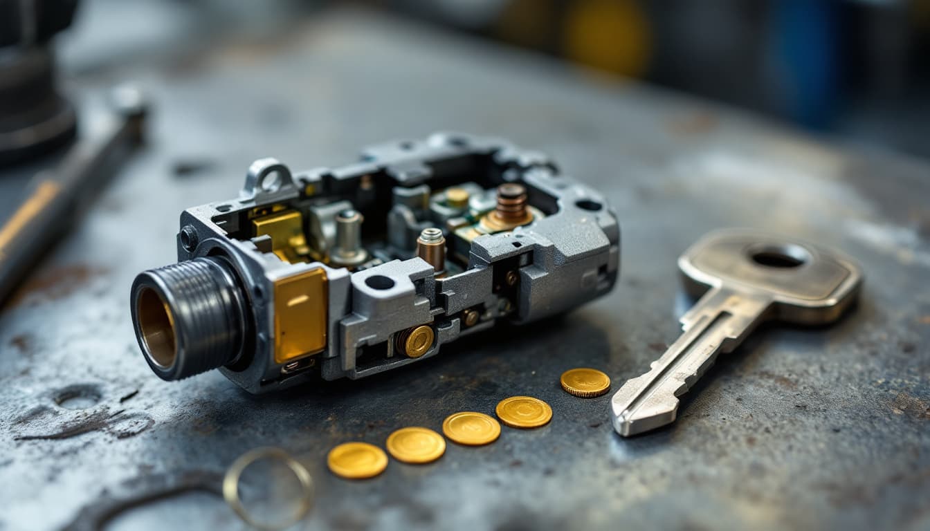 A disassembled car ignition lock cylinder on a steel workbench beside a worn metal key