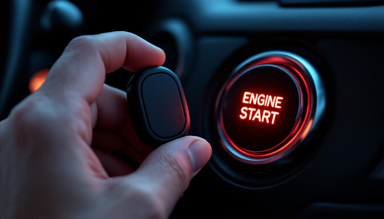 A hand holding a black smart key fob close to an illuminated engine start button on a car dashboard