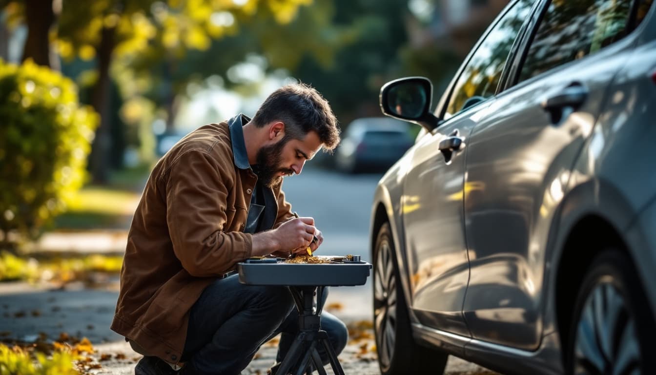 Small hatchback parked on a Fort Worth street while a locksmith cuts a spare key at a mobile workbench