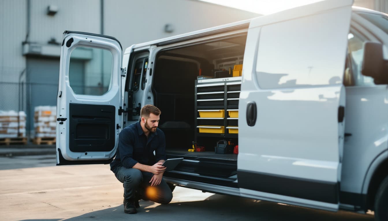 White cargo van parked at a Fort Worth contractor yard with a mobile locksmith working at the driver door