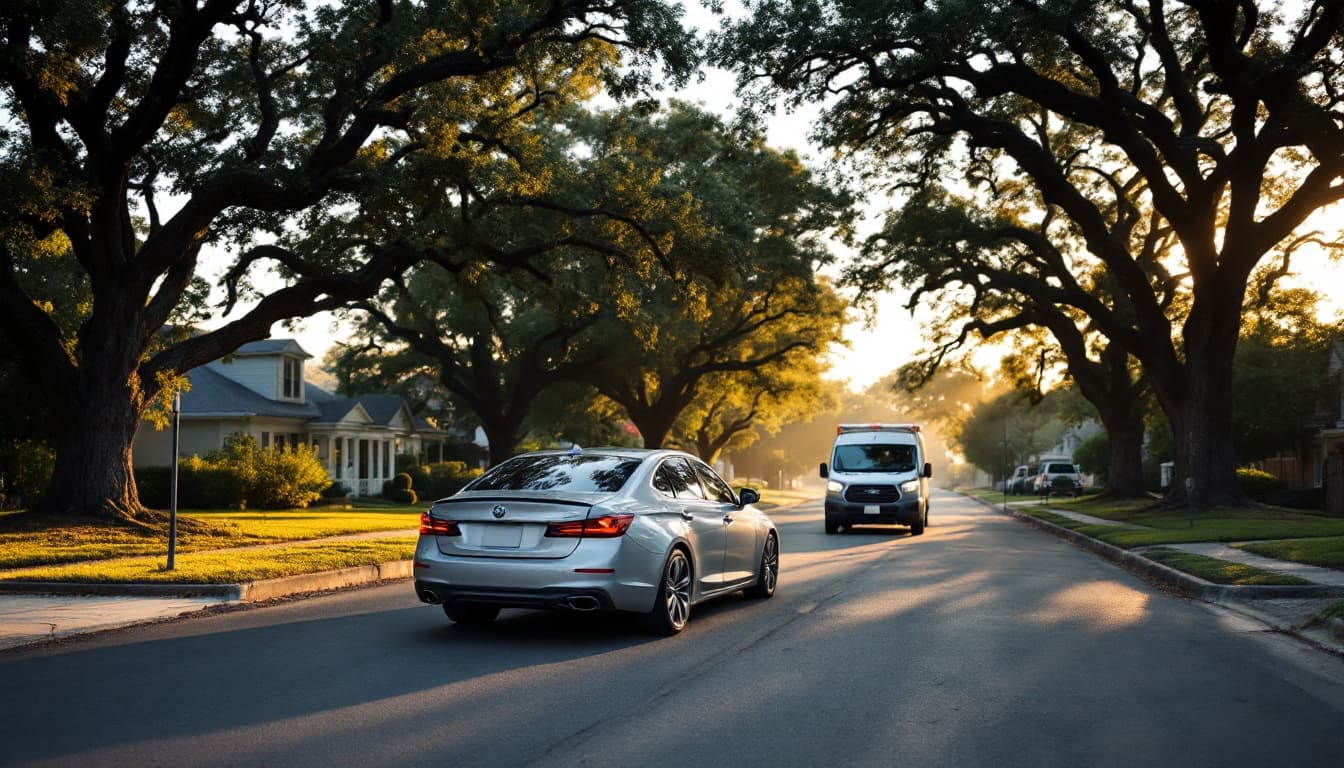 A compact sedan parked on a residential Fort Worth street with a locksmith van behind it at golden hour