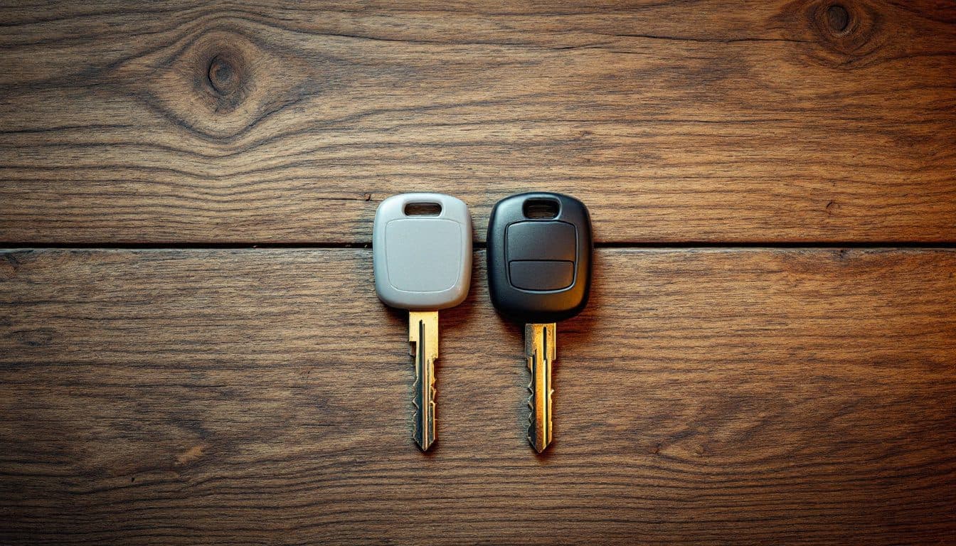 Two car keys side by side on a wooden table, one with a black plastic head and one with a grey plastic head