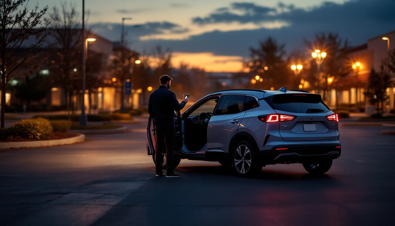 Compact crossover parked in a Fort Worth lot at dusk while a locksmith programs a smart key at the open driver door