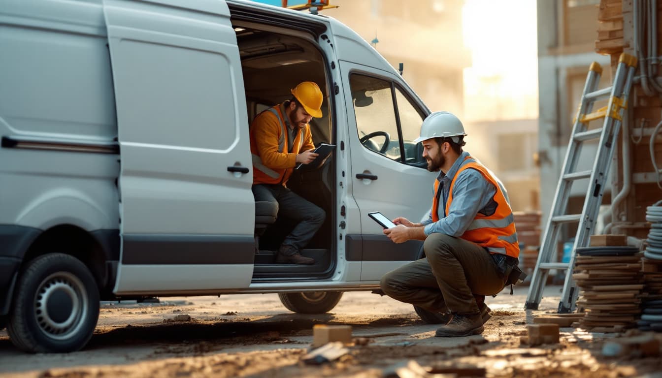 Mobile locksmith programming a key at the open door of a white contractor cargo van on a Fort Worth job site