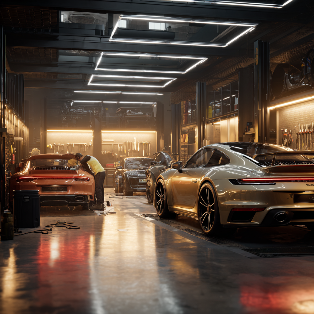 European luxury car locksmith garage with Porsche vehicles in Fort Worth